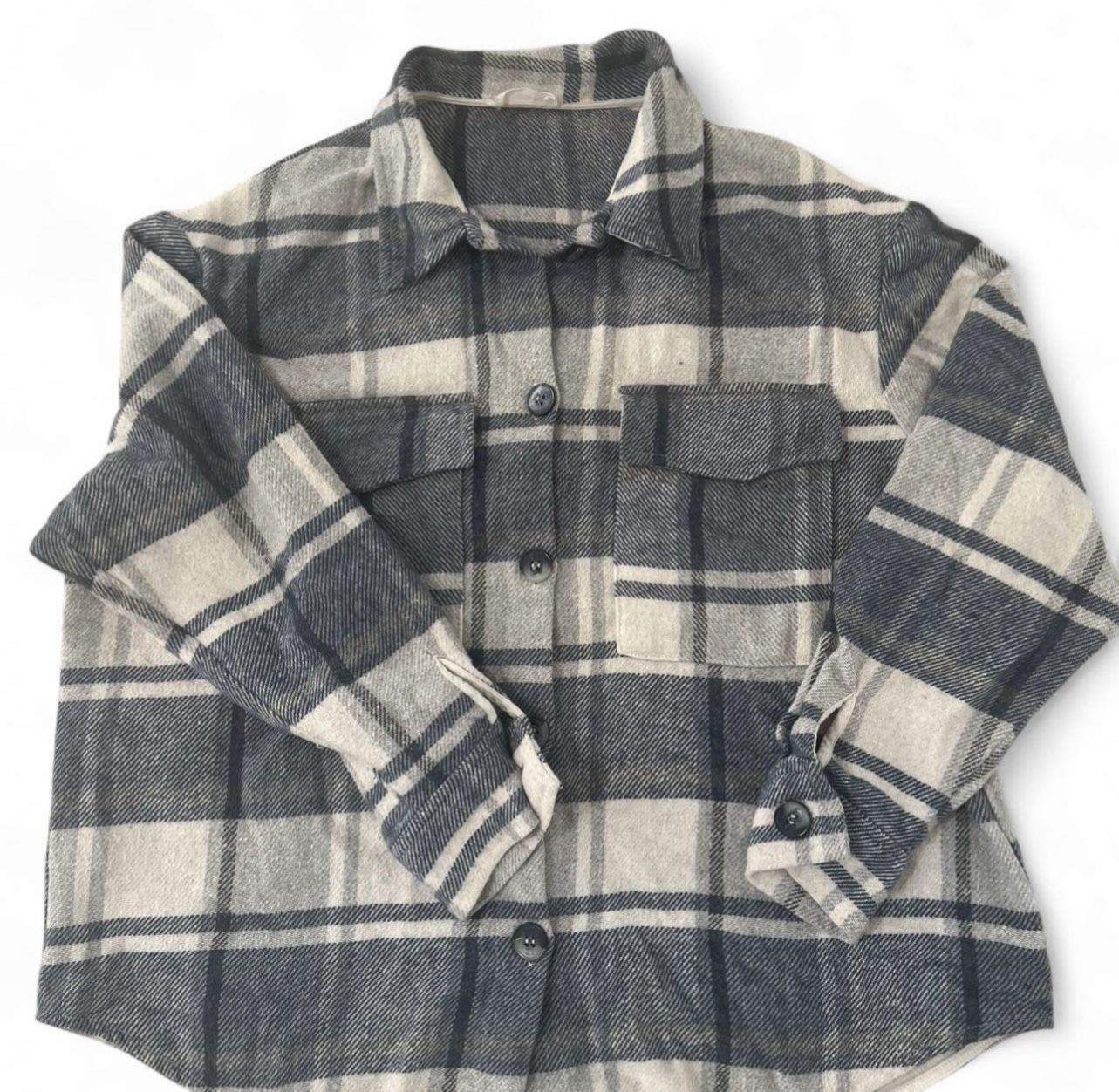 MNG women’s clothing Grey and white plaid button-up shirt size xs