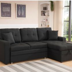 BROWN Fabric Reversible Pull Out Sectional Sofa & Storage