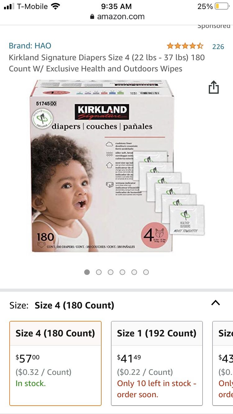 Kirkland Diapers Size 4 (180 Count)