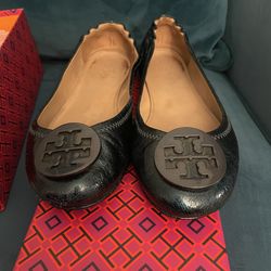 Tory Burch Minnie Travel Ballet Flats with Metal Logo, Soft Nappa Leather, Size 7