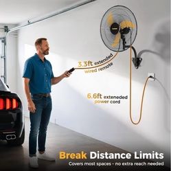 Wall Mount Fan Oscillating, Extended 3.3ft Wired Remote and 6.6ft Power Cord, 3-Speed Industrial Wall Mounted Fan for Commercial, Greenhouse, Garage, 