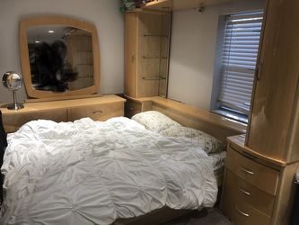 Bed with frame box and mattress and dresser and mirror