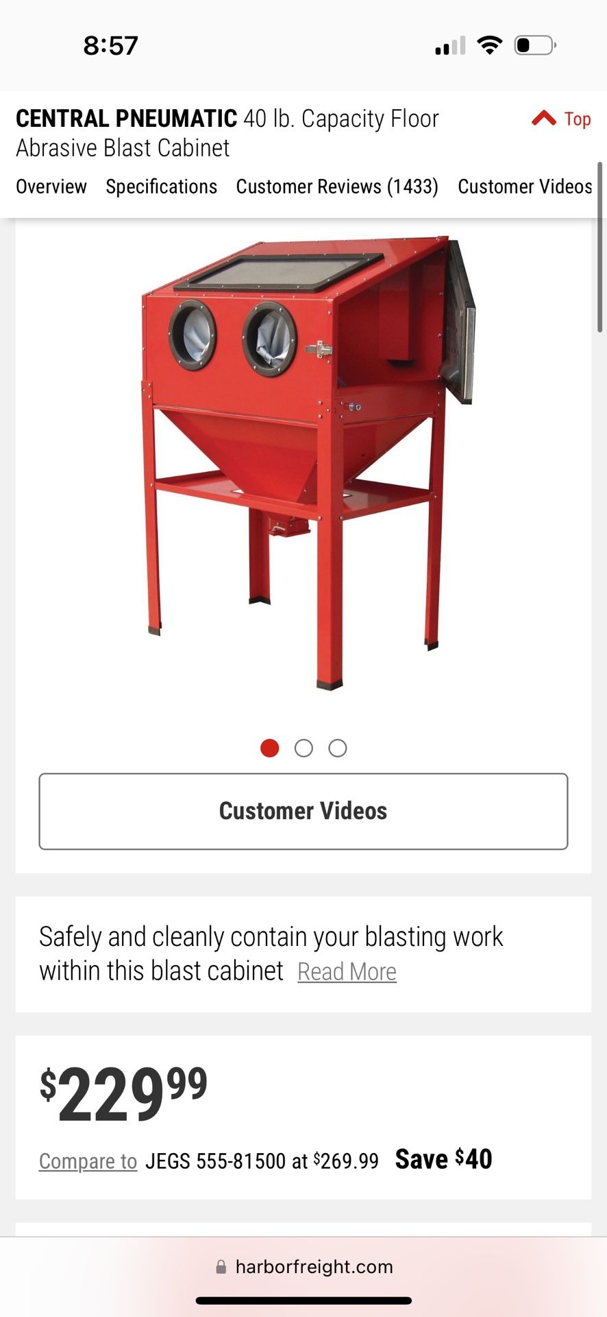 CENTRAL PNEUMATIC 40 lb. Capacity Floor Abrasive Blast Cabinet