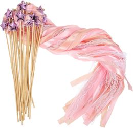 Fairy Wands, 12 Pack Ribbon Lace Streamers with Bells Silk Stick for Wedding Party Birthday Activities Holiday Celebration (Champagne, Light Pink)
