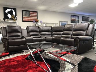 Brown Leather Sofa Sectional 2x Recliners