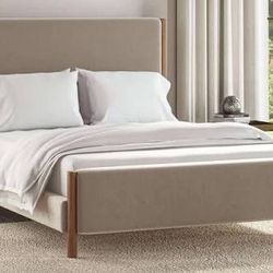 Brand New Saatva Milan Taupe Vintage Velvet King Bed Frame. 