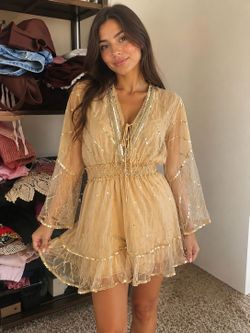 Gold Sequin Boho Mini Dress – Sheer Bell Sleeves