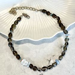 Natural Smoky Quartz Baroque Pearl Aquamarine Necklace Gold Tone Handmade