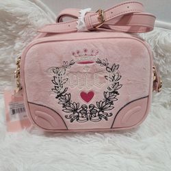 Juicy Couture Pink Heritage Crossbody Diamond Embroidered Logo Velour Purse Bag