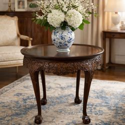 1910s Mahogany Table With Scrolled Apron and Ball and Claw Feet