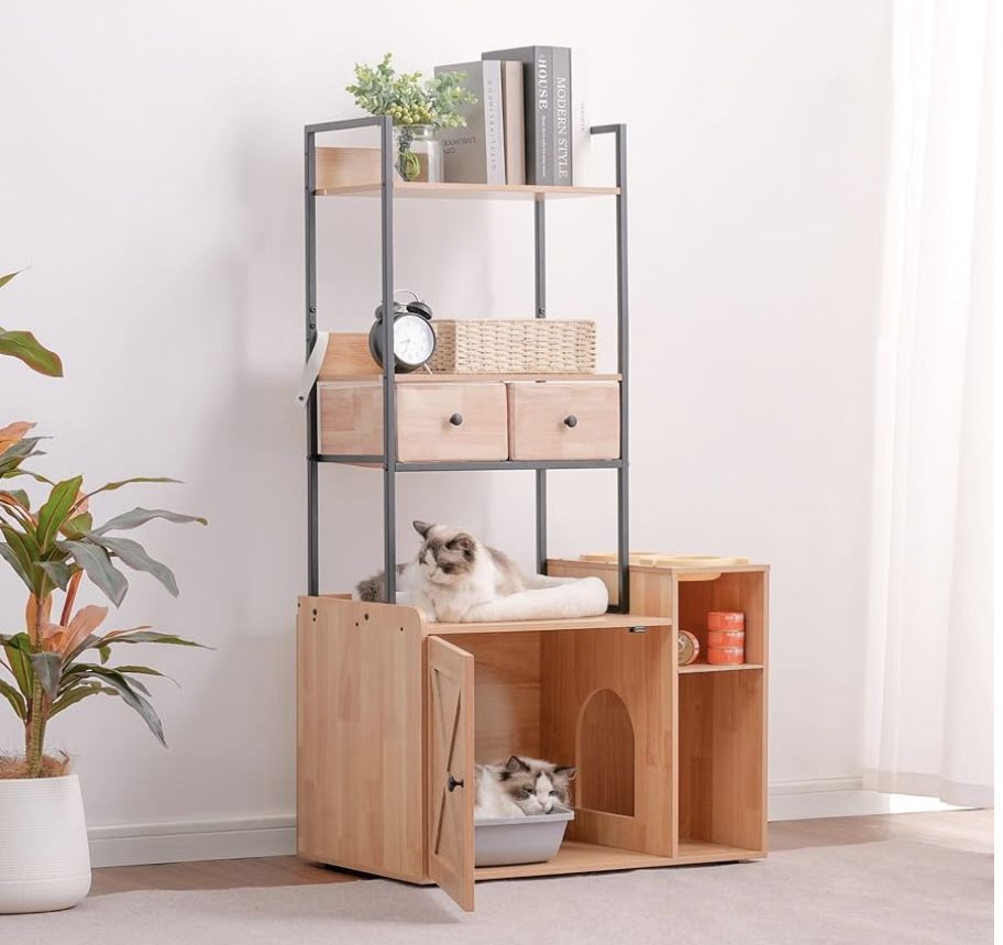 New in box! Cat Litter box enclosure furniture with shelves and drawer-dark brown wood