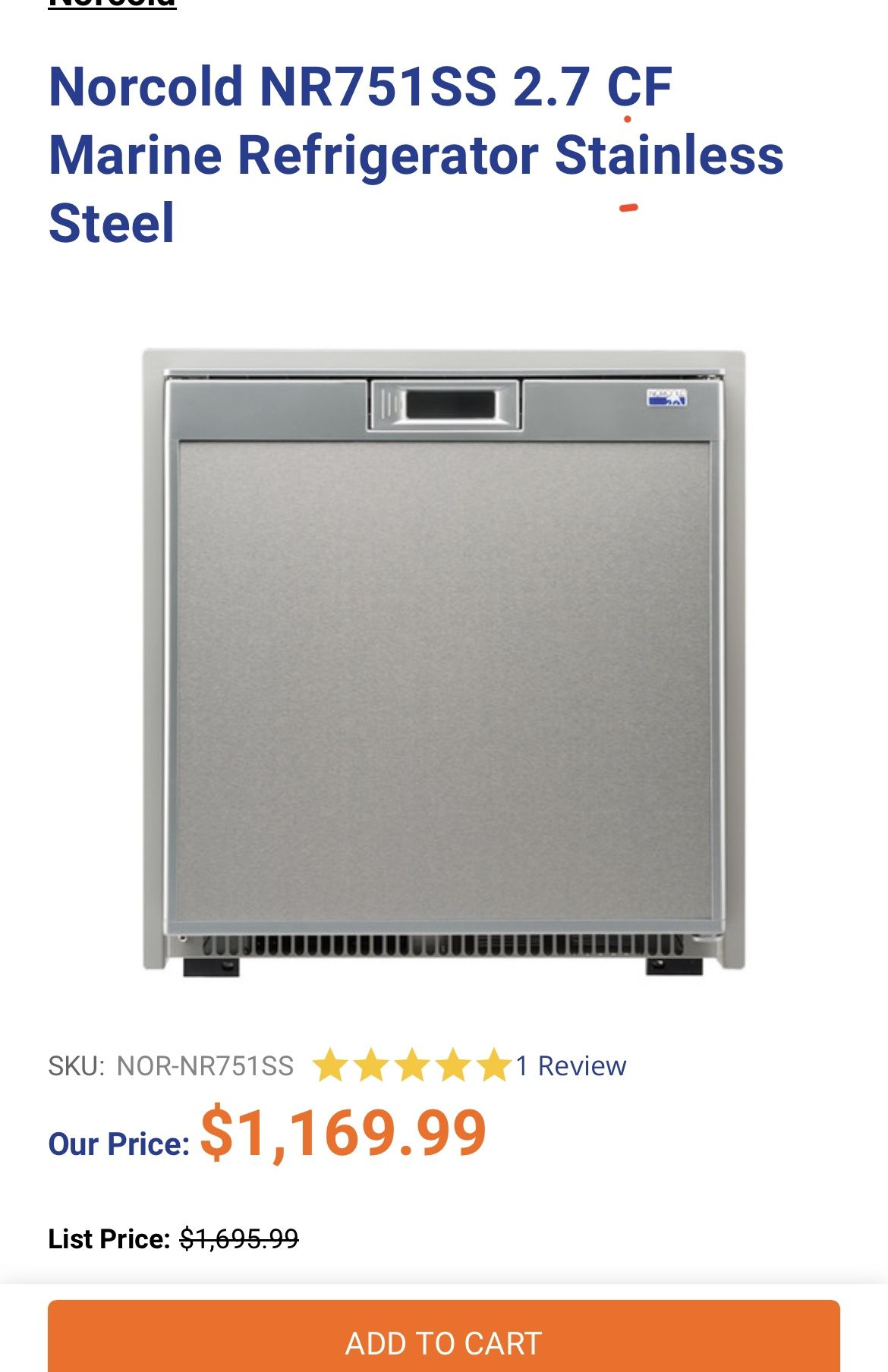Norcold NR751SS 2.7 CF Marine Refrigerator Stainless Steel 12v 120v