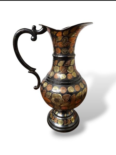 Antique EWER Vintage Brass Pitcher Mid-Century Etched Floral Vase Handle 13” 50s