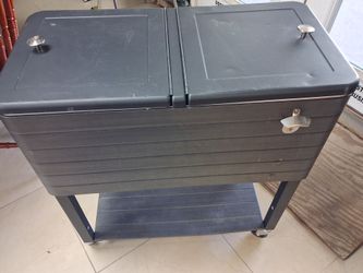 80qt Steel Rolling Cooler Cart w/ Bottle Opener Catch Tray Drain Plug Locking Wheels