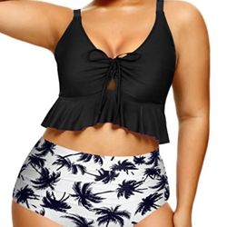 High Waisted Daci Bikini Bottoms  XL Size Swimsuit-Black Palm Tree