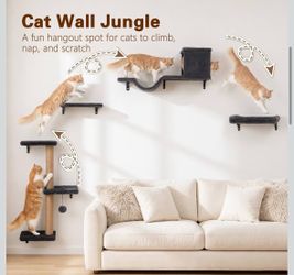 6-in-1 Cat Wall Shelves for Indoor Cats, Wall Mounted Furniture with Bed, Cave, Perch & Scratching Post, Multi-Level Climbing System, Space-Saving Pla