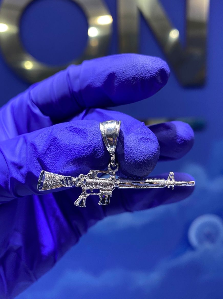 925 Sterling Silver Assault Rifle Pendant 1.8
