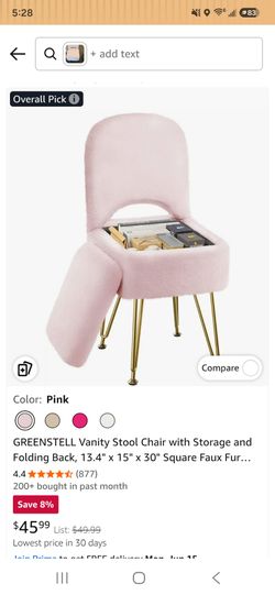 VS005-GL Vanity Stool Chair with Storage and Folding Back