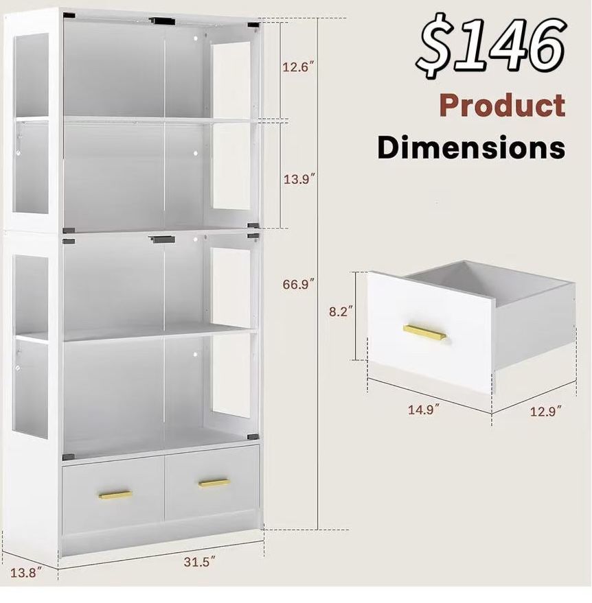 ✌️ Display Cabinet with Glass Doors - 67" Curio Cabinet for Collectibles with RGB LED Lights and 2 Drawers, 4 Tier Glass Display Case for Living Room