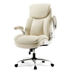 High Back Executive Office Chair Big and Tall, Flip Arms Faux Leather Beige