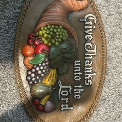 Vtg 1960's Chalkware "Give Thanks Unto the Lord" Cornucopia Wall Plaque HP 15.5"