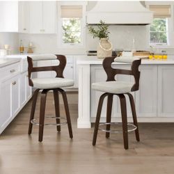 LUE BONA Set of 2 Mid-Century Modern Swivel Counter-Height Bar Stools (26 inches / 66 cm) in Light Gray-Beige Faux Leather and Dark Walnut Wood