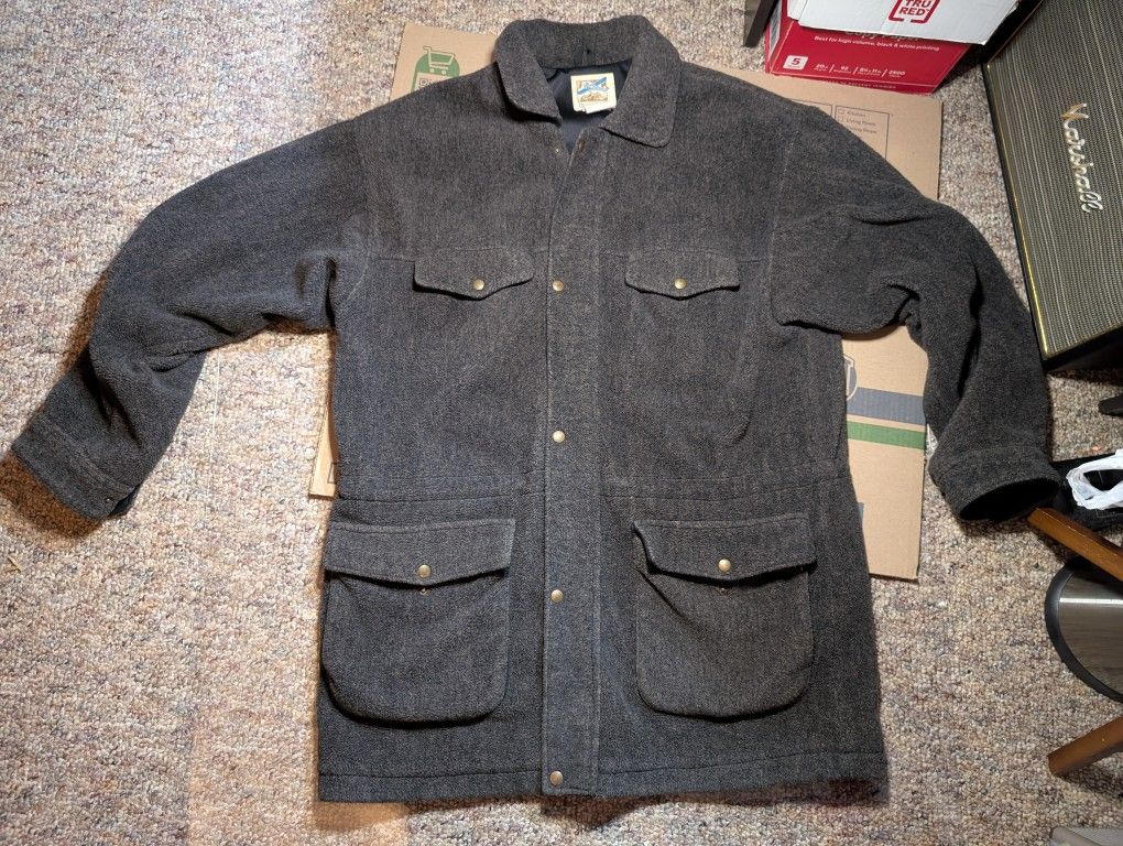 TravelSmith Mens Gray Lined Zip Snap Front Long L Large Jacket Coat Vintage