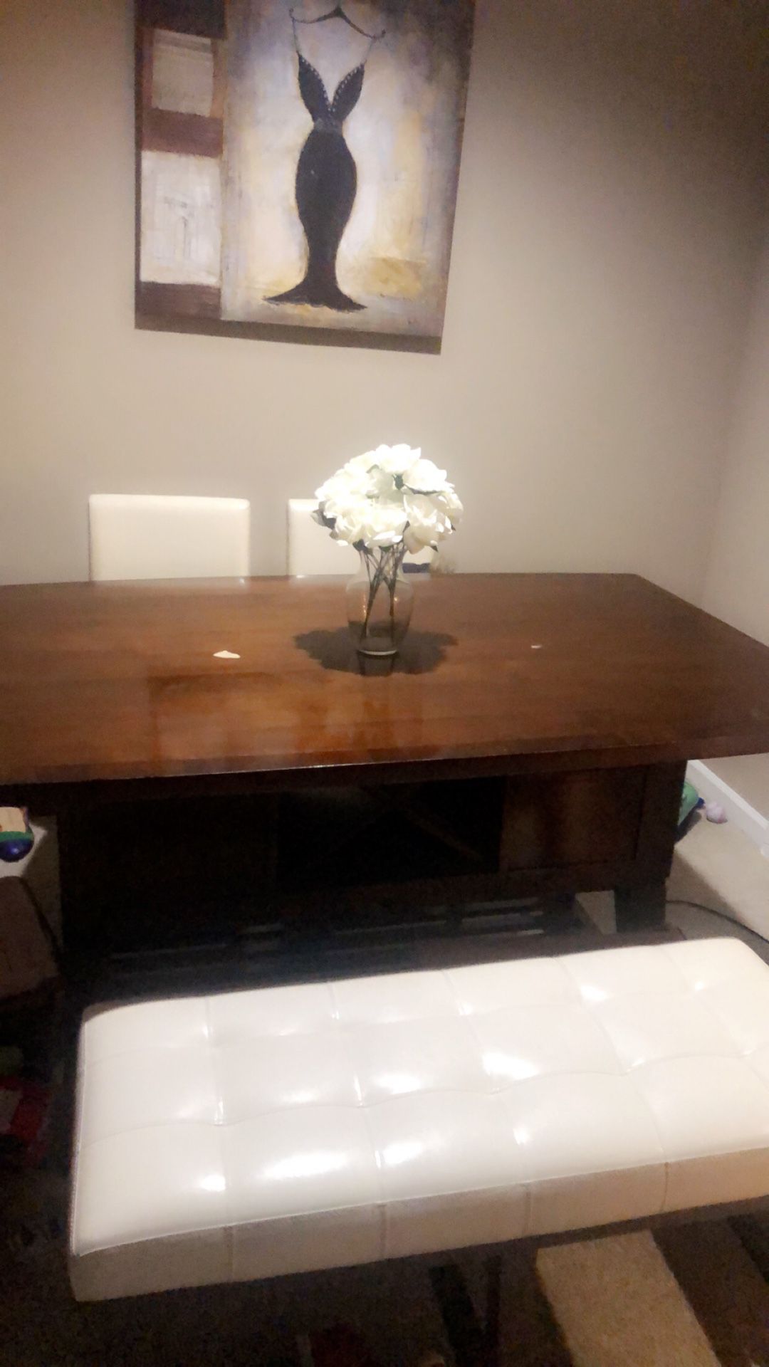Dining room high table with bar chairs and bench