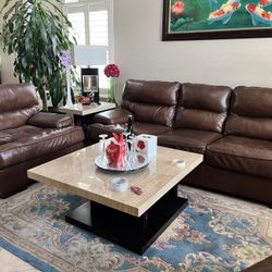 100% Leather Match Sofa & 2 Chair 