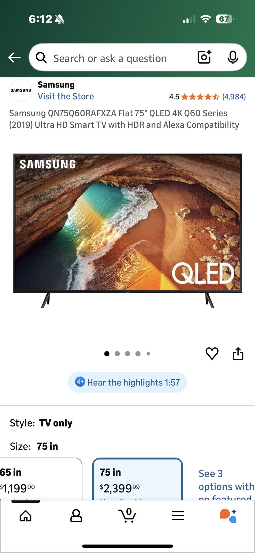 Samsung 75 inch TV with mounting bracket