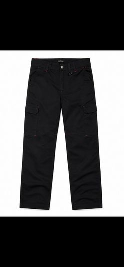 Stylish True Religion black cargo pants featuring the signature horseshoe detailing on the back pockets, multiple utility pockets, and a classic strai