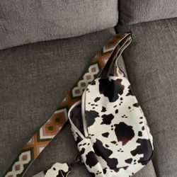 Small Off Brand White And Brown Cow Print Crossbody Like New 