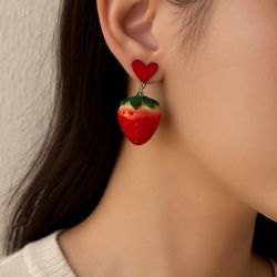 Strawberry Heart Drop Earrings Cute Red Dangle Fruit Style Jewelry new