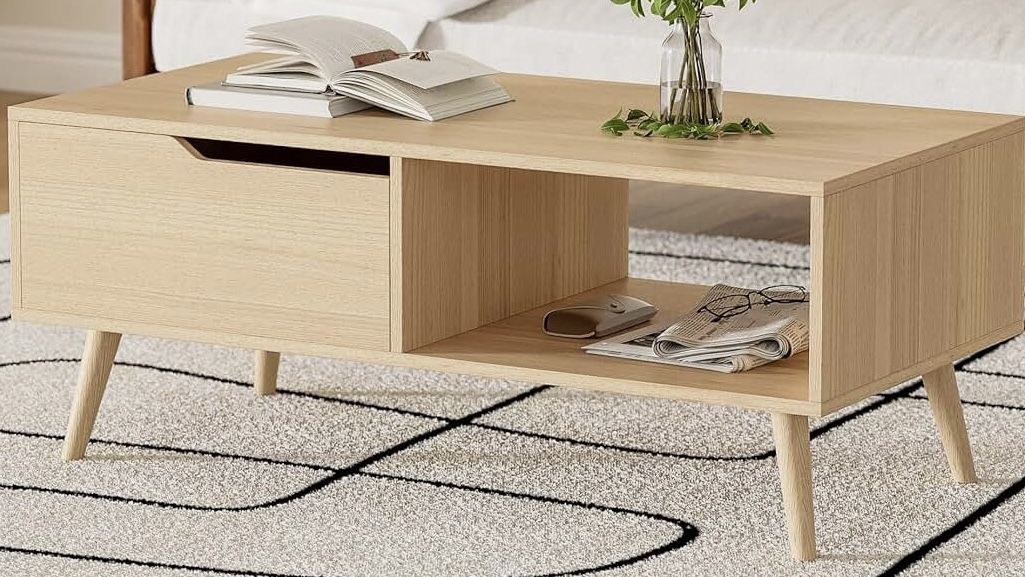 Oak Coffee Table, Mid Century Modern Coffee Table with Drawer & Shelf, 39" Wooden Simple Console Table for Living Room