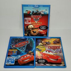 3 Disney Pixar Cars Blu-Ray/DVD Lot: Cars 1+2 & Mater's Tall Tales Kids Family