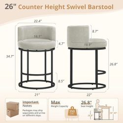 26.8" Counter Height Bar Stools Set of 2, 180° Swivel Bar Stools, Modern Barrel Counter Stools with Metal Frame, Faux Leather Upholstered Barstools fo