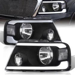 Ford F150 2004-2008 / Lincoln Mark LT 2005-2008 LED DRL Bar Factory Style Headlights Black Housing Clear Len Clear Reflector 04 - 09 