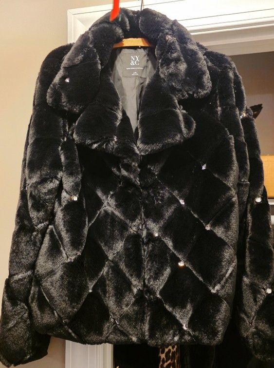 Faux Fur Jacket With Silver/crystal Button Design
