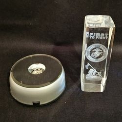 Vintage 3D Laser Etched Crystal First In Flight United States Marine Corps With Spinning Multi Colored Lighted Base