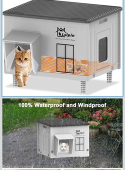 Large Heated Cat House for Outside Cats in Winter, Lslpin Weatherproof & Insulated Outdoor Feral Cat House with Escape Door,Outside Cats House Shelter