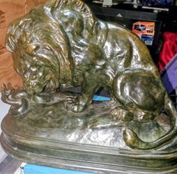Signed Antoine-Louis Barye Bronze "Lion Crushing a Serpent" Statue (Numbered 9224)
