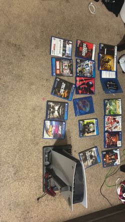 ps5 with stand and new controller with games of choice
