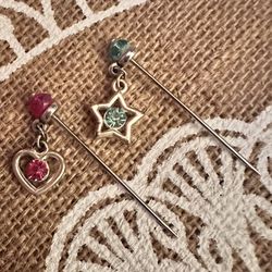 2 Steel Silver Tone Hijab Pins w/ Pink Heart & Blue Star 