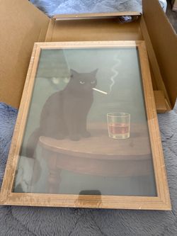 Moody Black Cat Wall Art, Funny Smoking Cat with Whiskey Wall Decor 12x16 inch Wood Framed