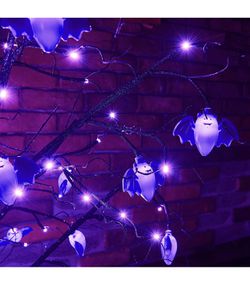 Twinkle Star Halloween Tree, 4FT Halloween Decoration Black Spooky Tree Glittered with 48 LED Purple Lights and 12 Bats, 24V 3.6W Low Voltage Artifici Thumbnail