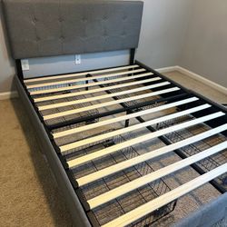 Grey Upholstered Bed Frame w/ Storage Drawers – Great Condition 