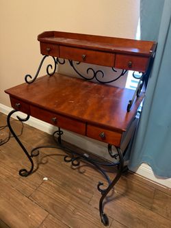 Wood and Wrought Iron Writing Desk with Drawers