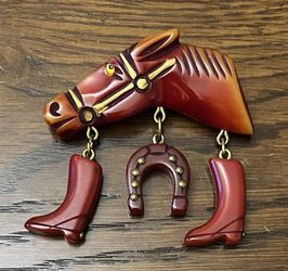 Vintage Bakelite Animal  Brooch Horse Head With Cowboy Boots And Horse Shoe