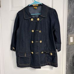 Drama Gold Dark Blue Denim Double-Breasted Jacket with Gold Buttons - Women's 1X