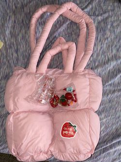 Pink strawberry bag with accessories